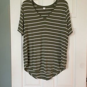 Old Navy Olive and White Striped V-Neck Tee